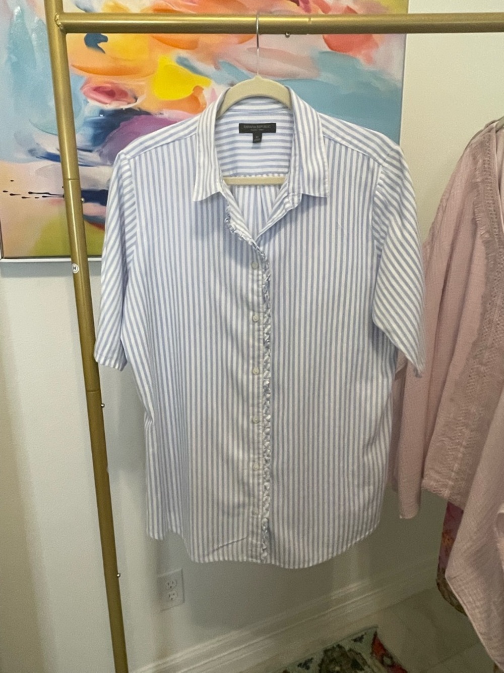 Banana Republic Womens Striped Short-Sleeve Button-Down  Ruffle‎ detail XL